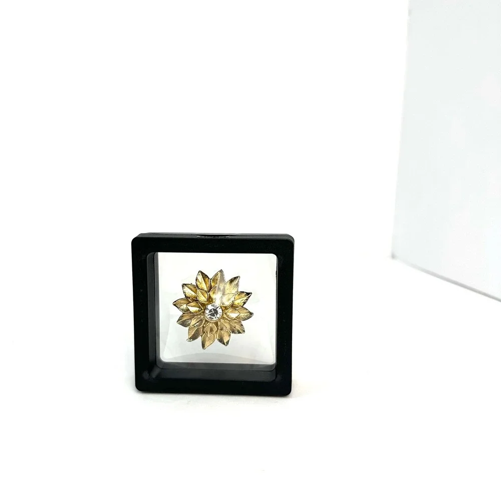 Vintage Gold Tone Layered Flower Brooch with Clear Rhinestone Center 1.75 Inch
